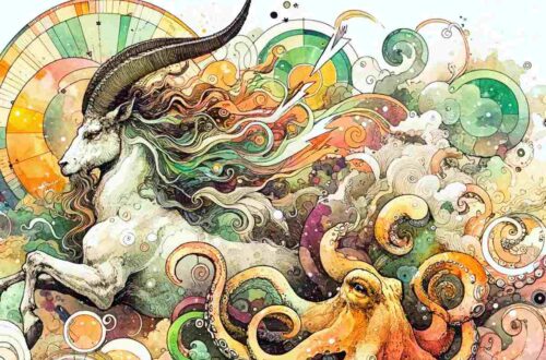 Illustration depicting a mystical scene with a Capricorn whose horns are shaped like a crescent moon, gazing towards envisioned towers. Beside it, a small octopus symbolizes adaptability, and above, a bolt of lightning adds a touch of inspiration. The artwork is rendered in watercolor and ink style, featuring vibrant splashes of yellow, black, white, green, brown, and pastel colors, creating a dynamic and whimsical atmosphere that captures the essence of Capricorn's ambition and the astrological themes associated with it.